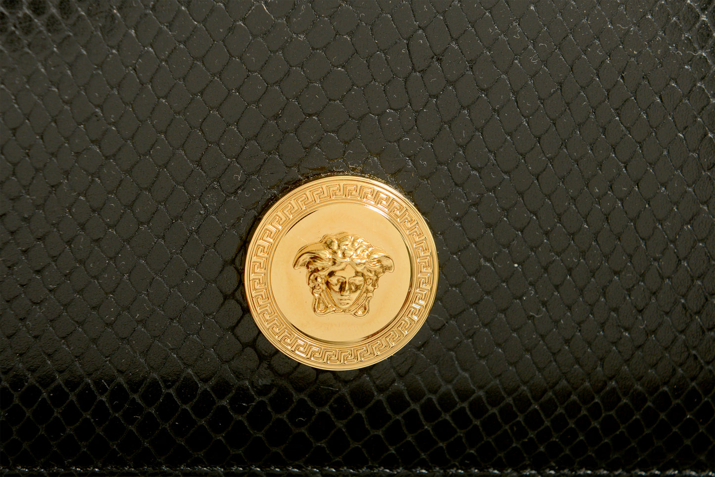 Versace Black 100%Leather Snake Skin Print Gold Medusa Chain Clutch Shoulder Bag