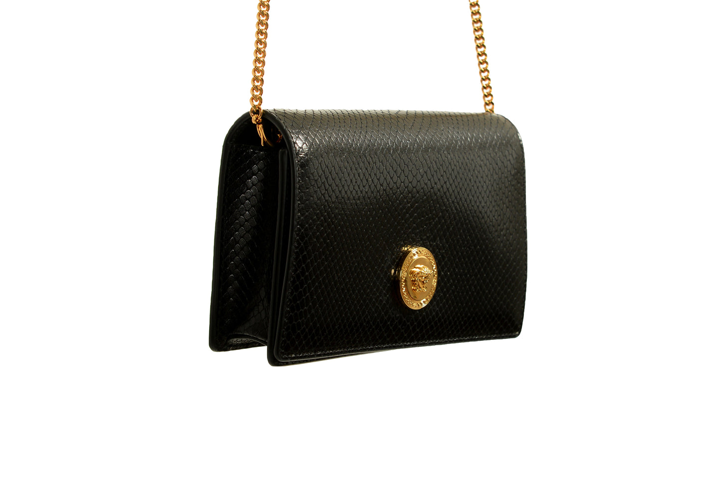 Versace Black 100%Leather Snake Skin Print Gold Medusa Chain Clutch Shoulder Bag