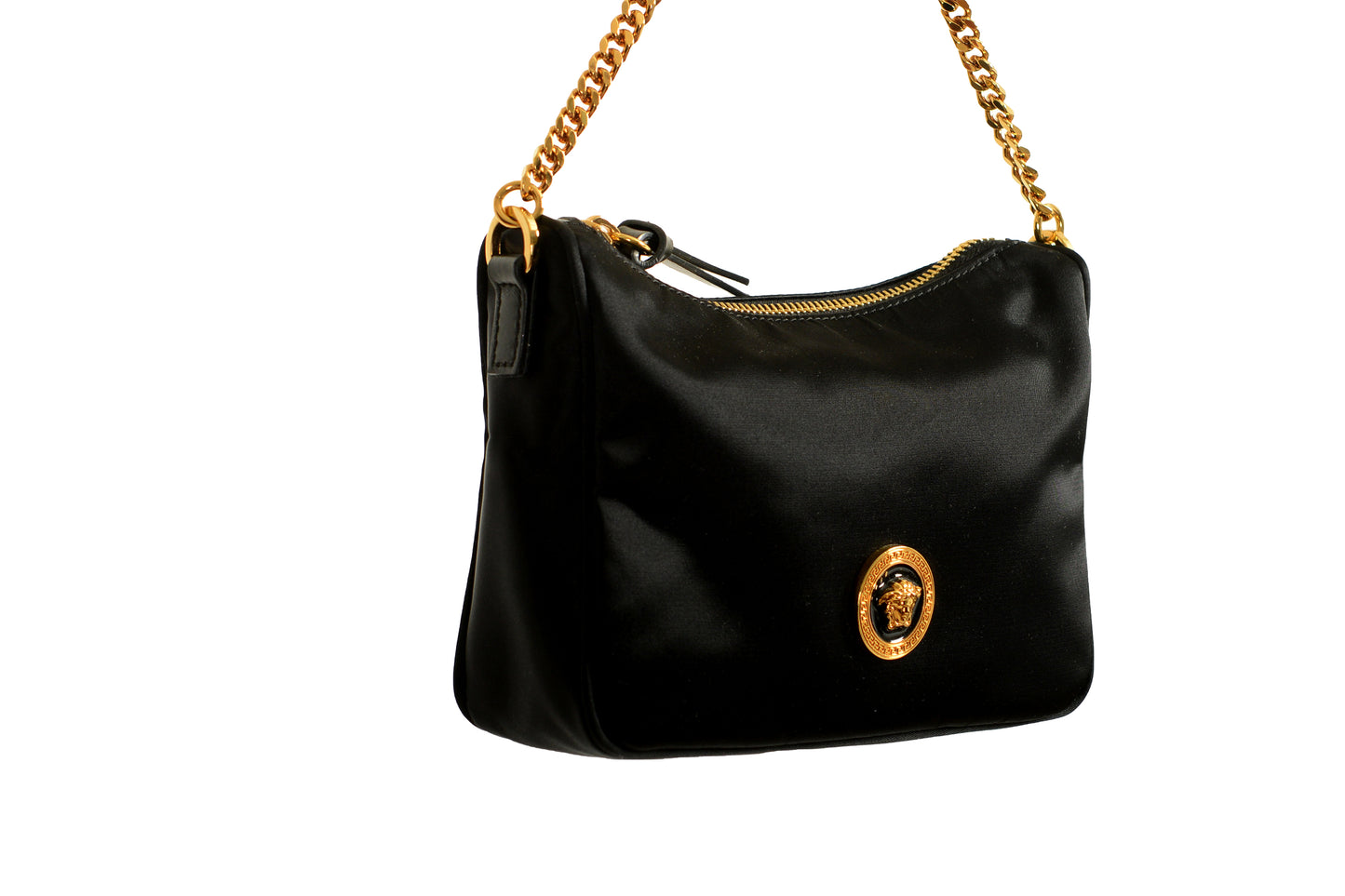 Versace Gold Medusa Black Nylon Small Hobo Handbag Shoulder Bag