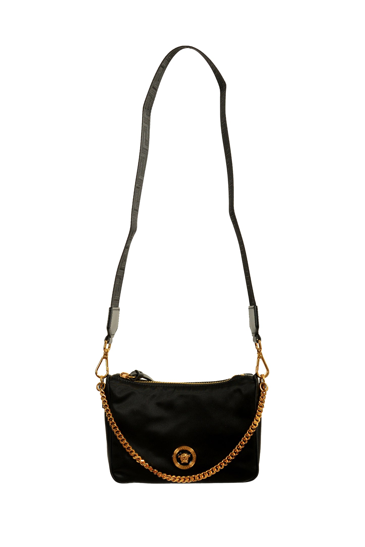 Versace Gold Medusa Black Nylon Small Hobo Handbag Shoulder Bag
