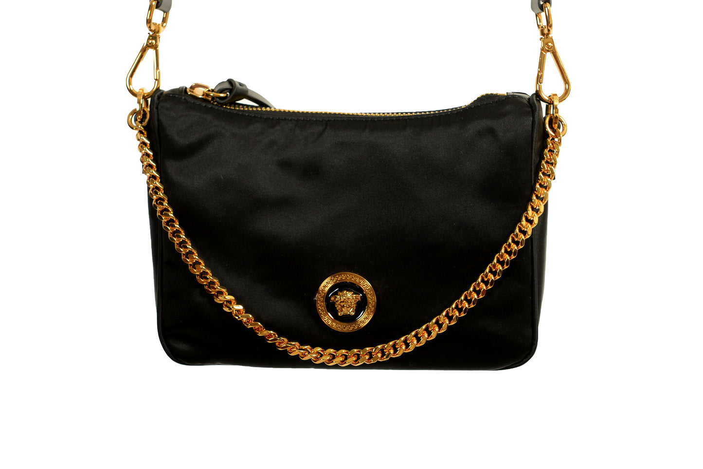 Versace Gold Medusa Black Nylon Small Hobo Handbag Shoulder Bag