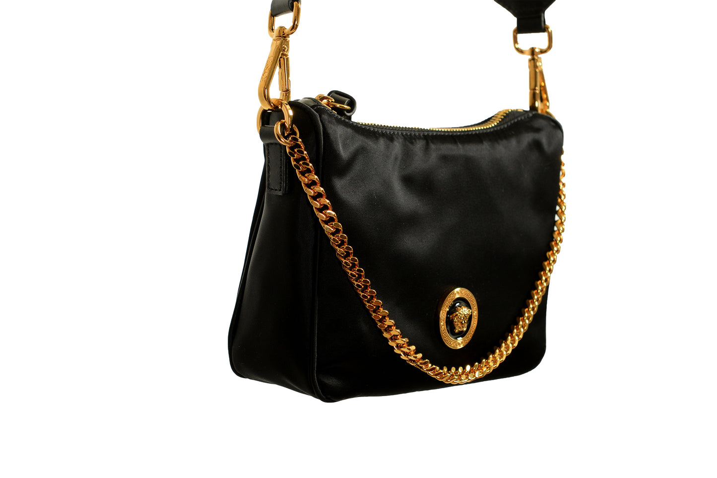 Versace Gold Medusa Black Nylon Small Hobo Handbag Shoulder Bag
