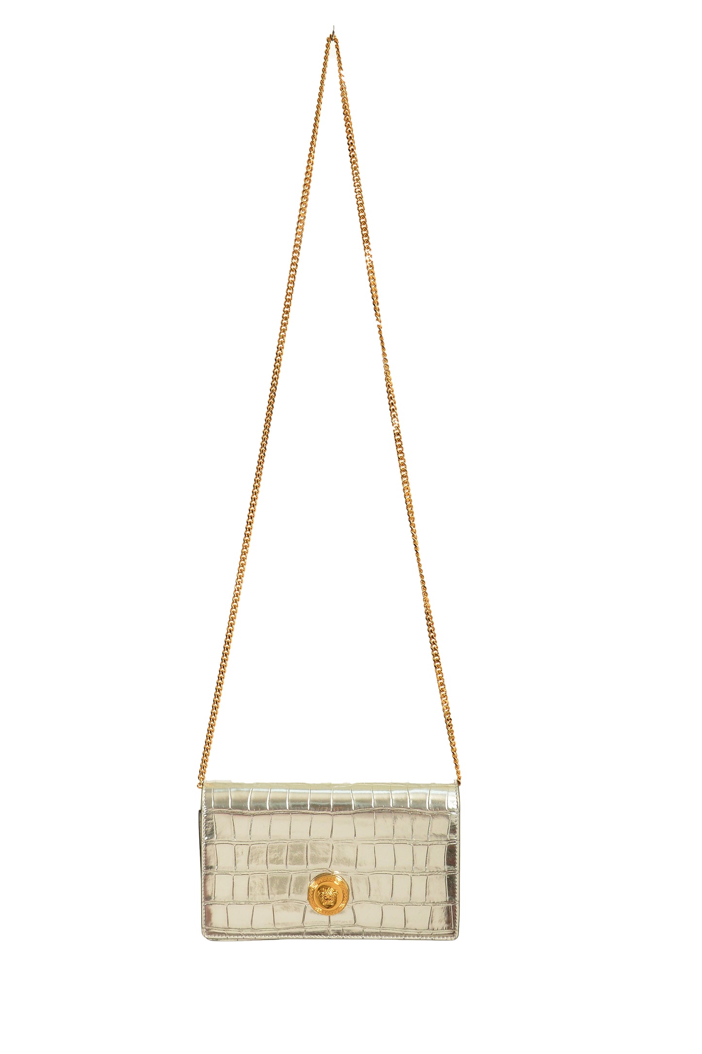 Versace Silver 100% Leather Croc Print Gold Medusa Chain Clutch Shoulder Bag