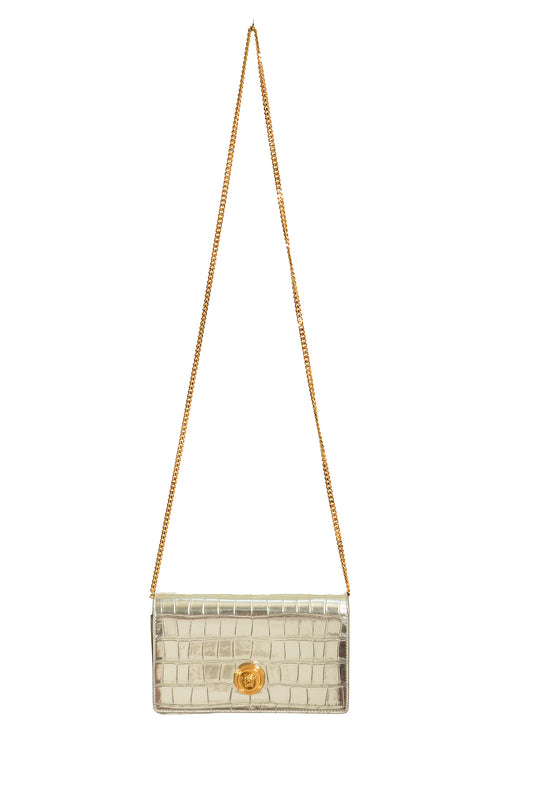 Versace Silver 100% Leather Croc Print Gold Medusa Chain Clutch Shoulder Bag