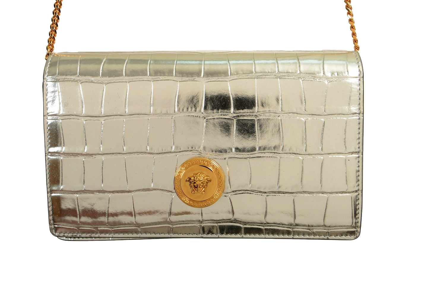Versace Silver 100% Leather Croc Print Gold Medusa Chain Clutch Shoulder Bag