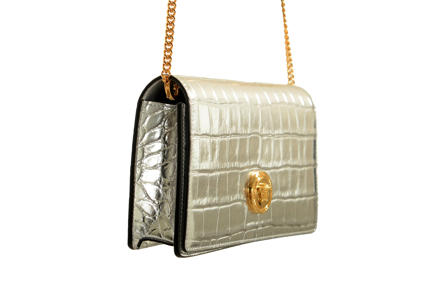 Versace Silver 100% Leather Croc Print Gold Medusa Chain Clutch Shoulder Bag