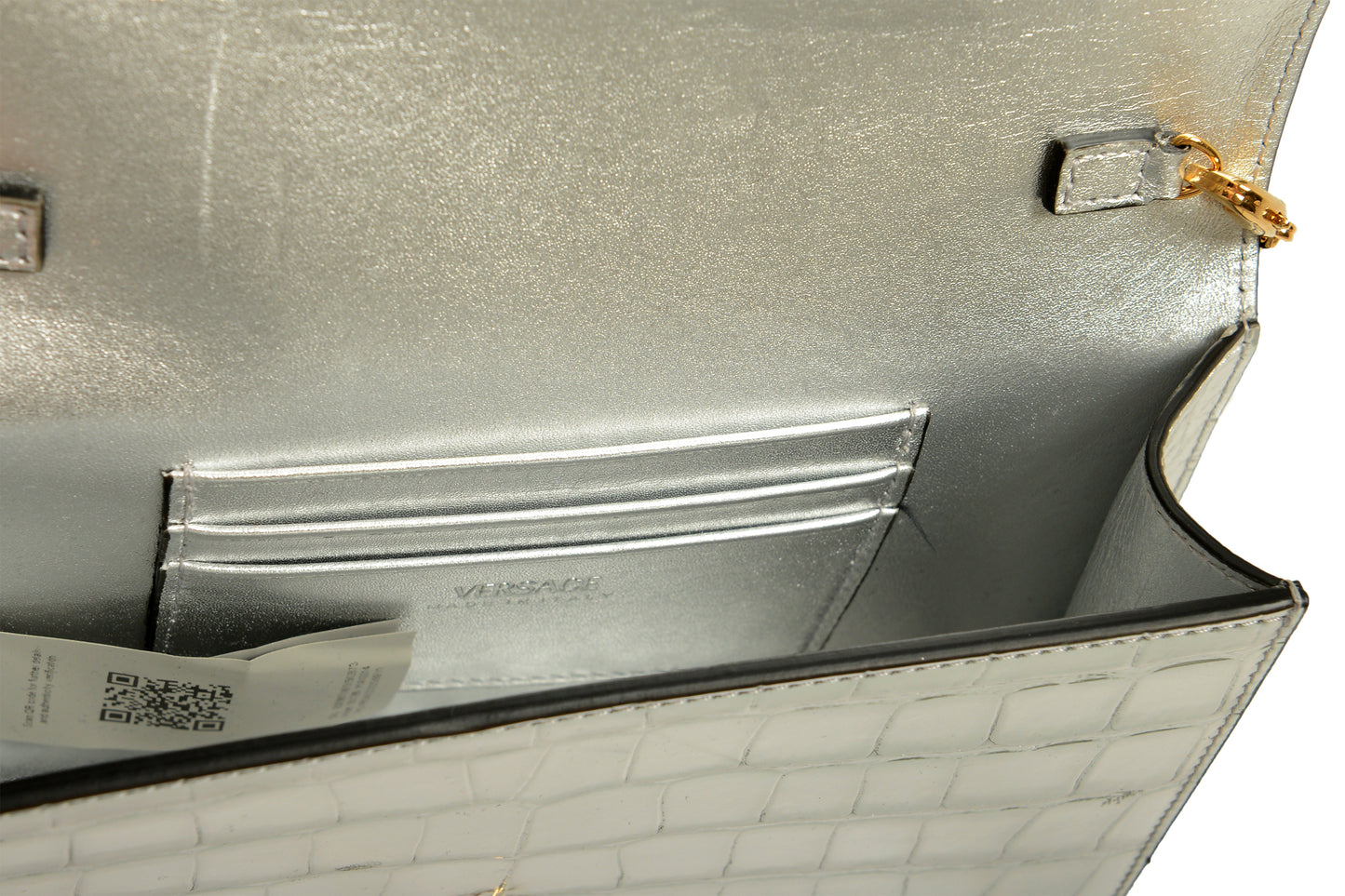Versace Silver 100% Leather Croc Print Gold Medusa Chain Clutch Shoulder Bag