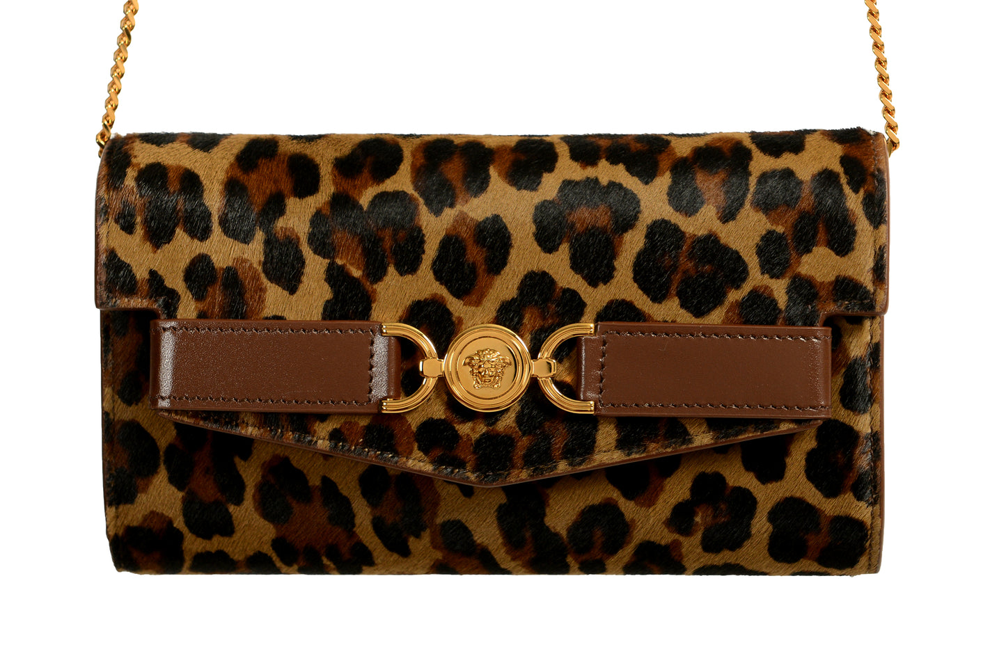 Versace Pony Hair Leather Gold Medusa Wallet on Chain Clutch Shoulder Bag