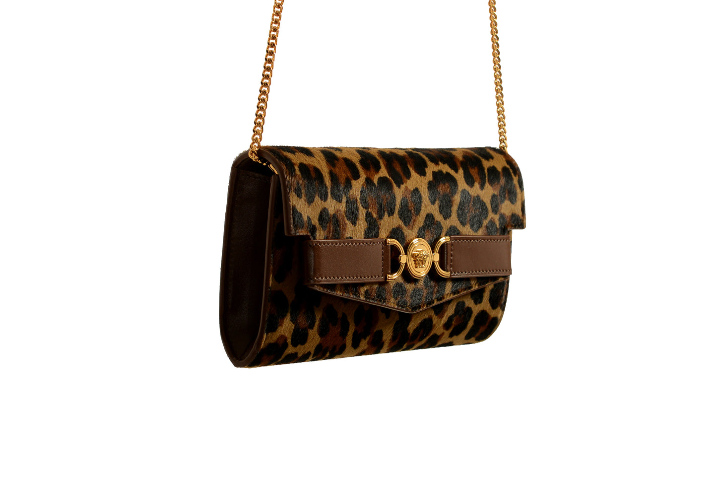 Versace Pony Hair Leather Gold Medusa Wallet on Chain Clutch Shoulder Bag
