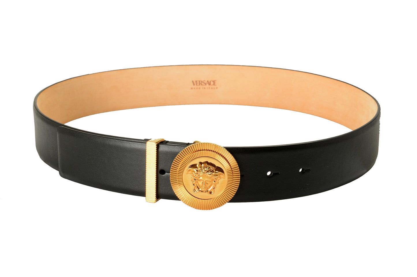 Versace Black 100%Leather Gold Medusa Head Logo Decorated Belt US 32 IT 80