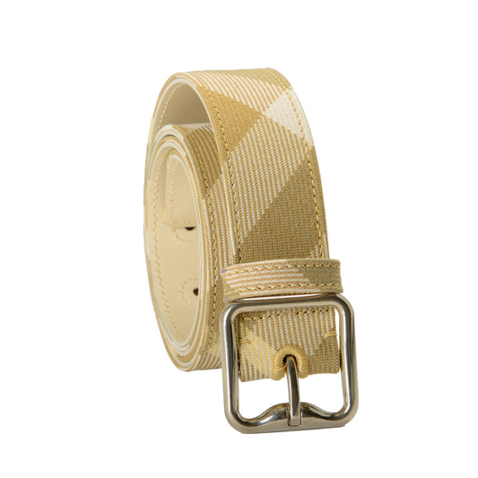Burberry "LB B Buckle 30" Flax Gray Leather & Canvas Signature Print Belt Sz M
