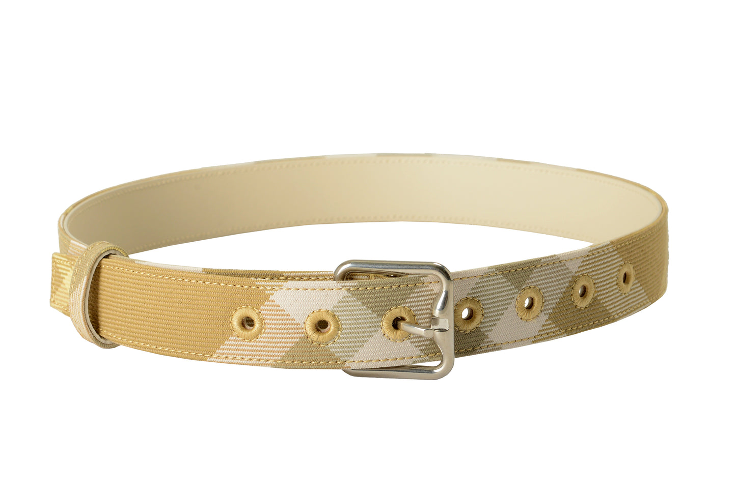 Burberry "LB B Buckle 30" Flax Gray Leather & Canvas Signature Print Belt Sz M