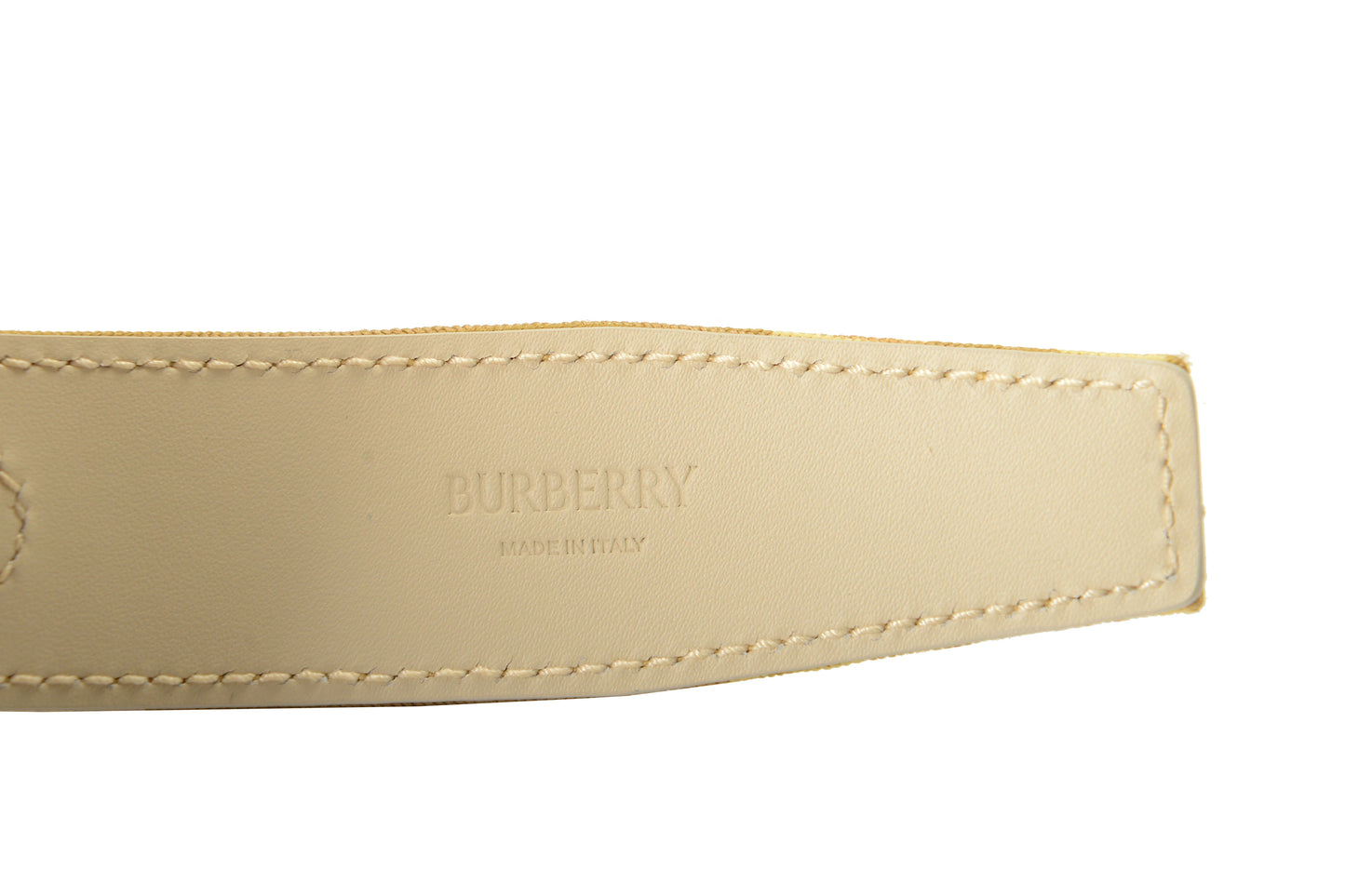 Burberry "LB B Buckle 30" Flax Gray Leather & Canvas Signature Print Belt Sz M