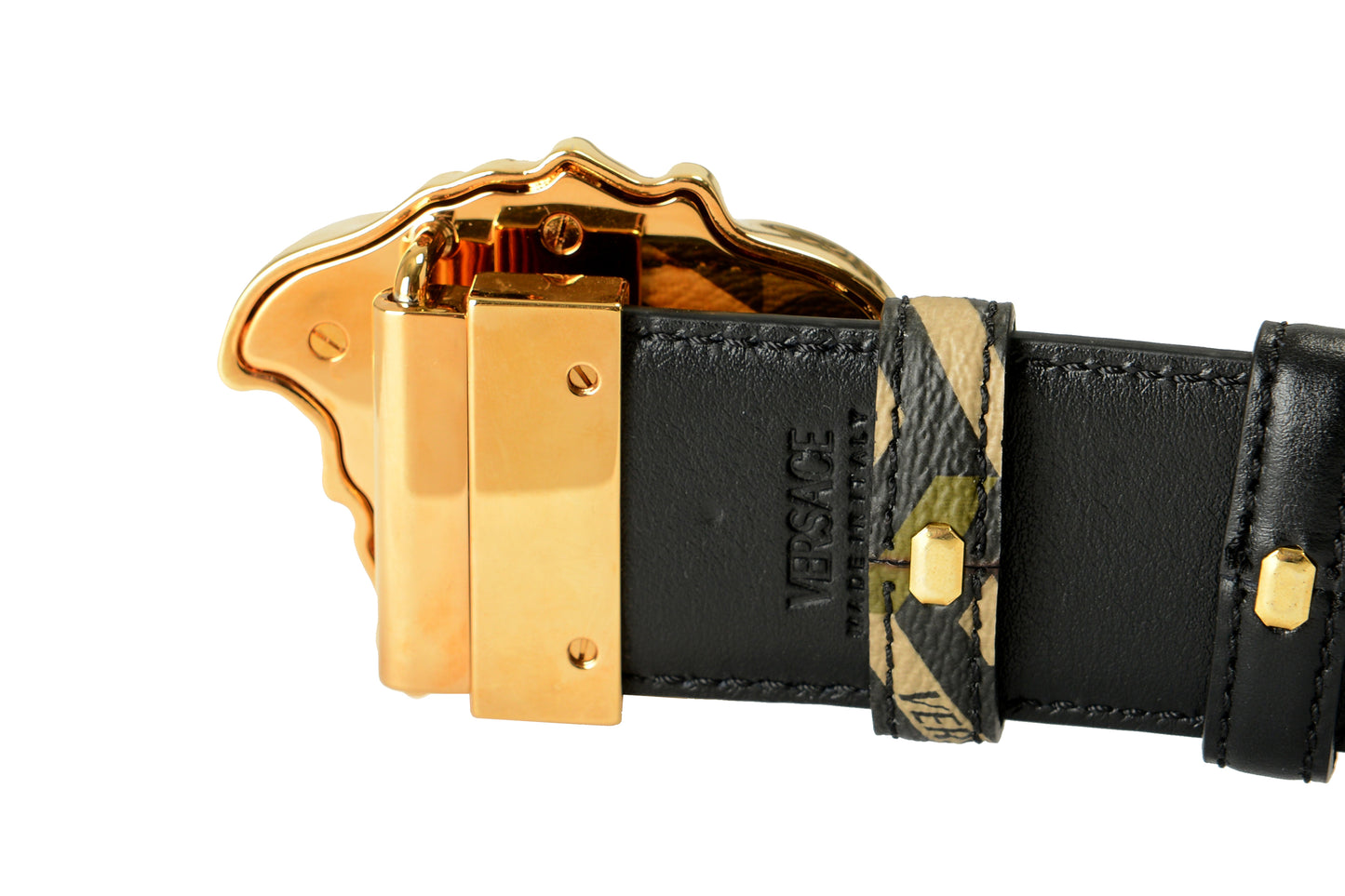 Versace Leather/Canvas Medusa Head Decorated Reversible Belt US 46 IT 115