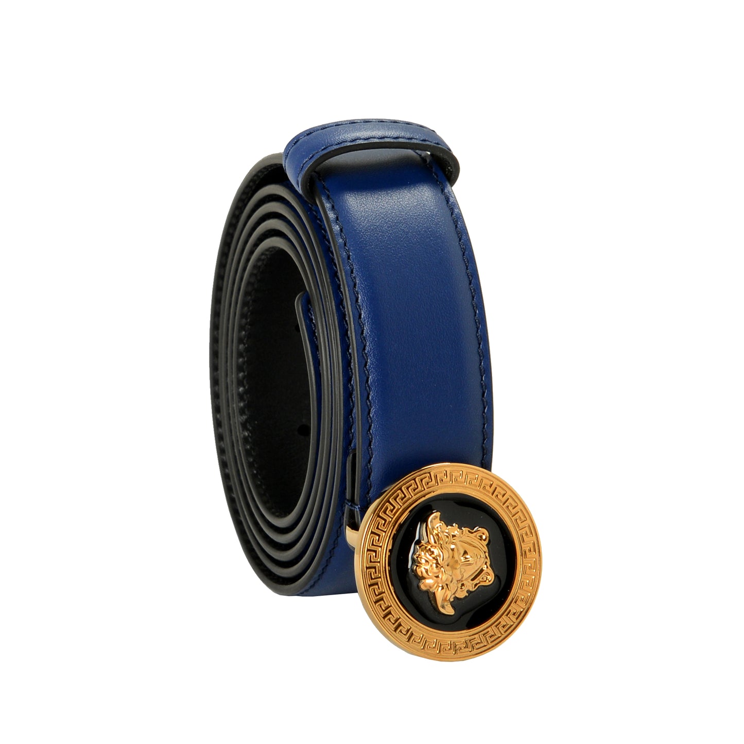 Versace Royal Blue 100% Leather Gold Medusa Head Decorated Belt US 38 IT 95