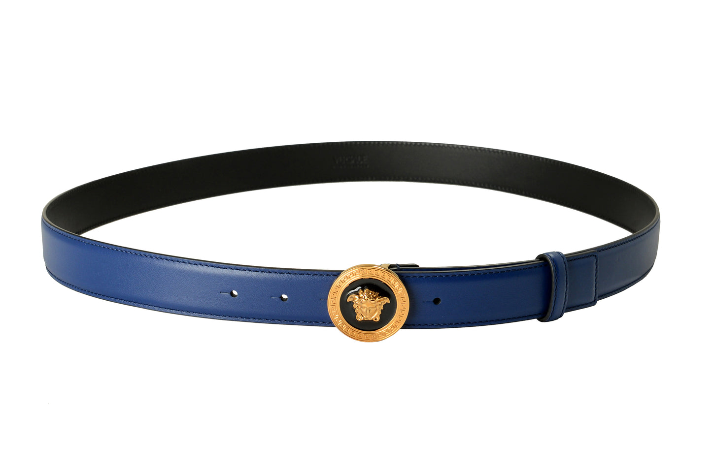 Versace Royal Blue 100% Leather Gold Medusa Head Decorated Belt US 32 IT 80