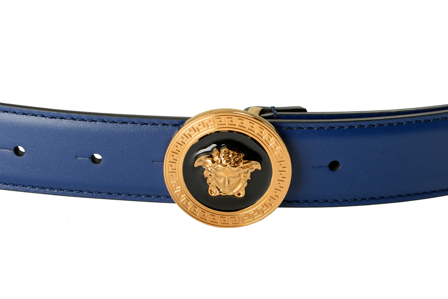 Versace Royal Blue 100% Leather Gold Medusa Head Decorated Belt US 32 IT 80