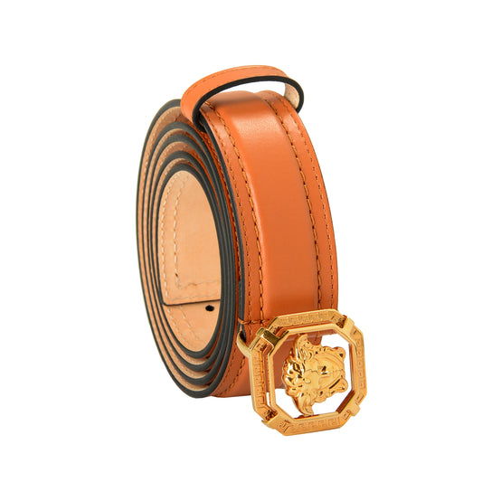 Versace Cognac Brown 100% Leather Gold Medusa Head Decorated Belt US 42 IT 105