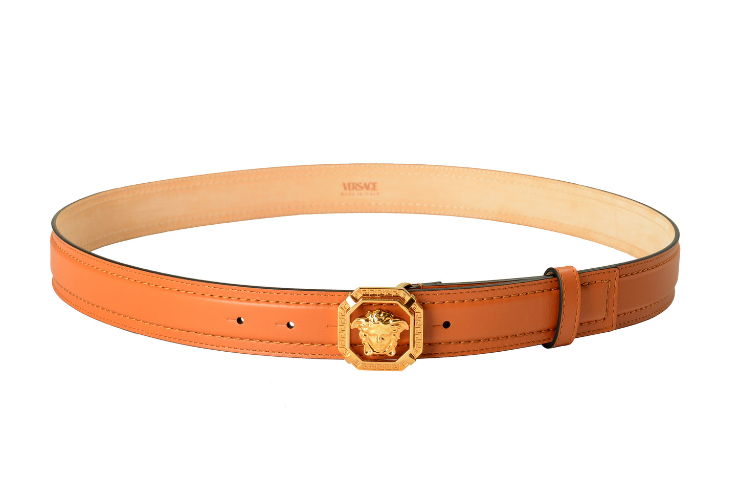 Versace Cognac Brown 100% Leather Gold Medusa Head Decorated Belt US 42 IT 105