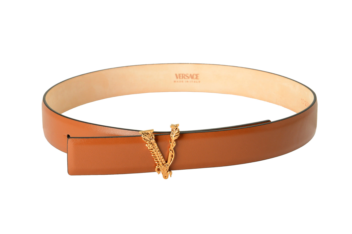 Versace Cognac Brown 100% Leather Gold V-Logo Decorated Belt US 34 IT 85