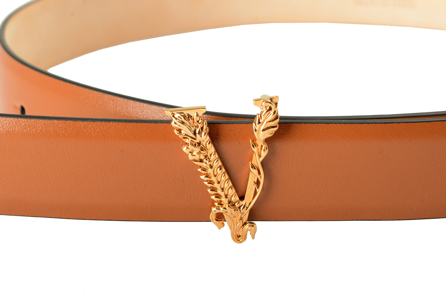 Versace Cognac Brown 100% Leather Gold V-Logo Decorated Belt US 34 IT 85
