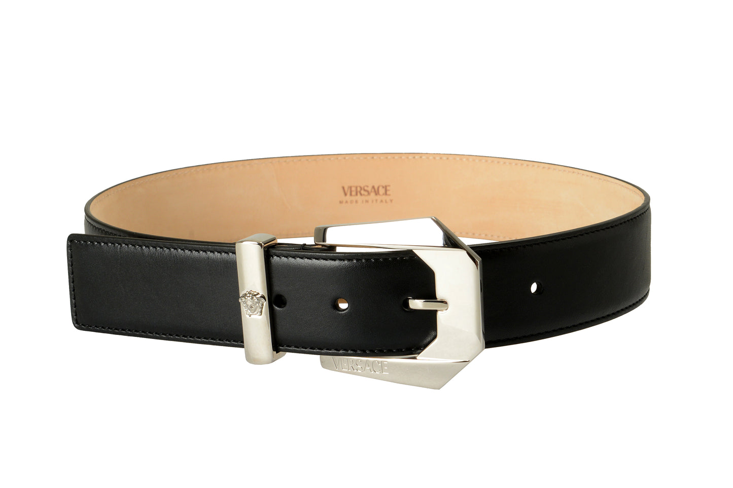Versace Black 100% Leather Silver Medusa Decorated Belt US 28 IT 70