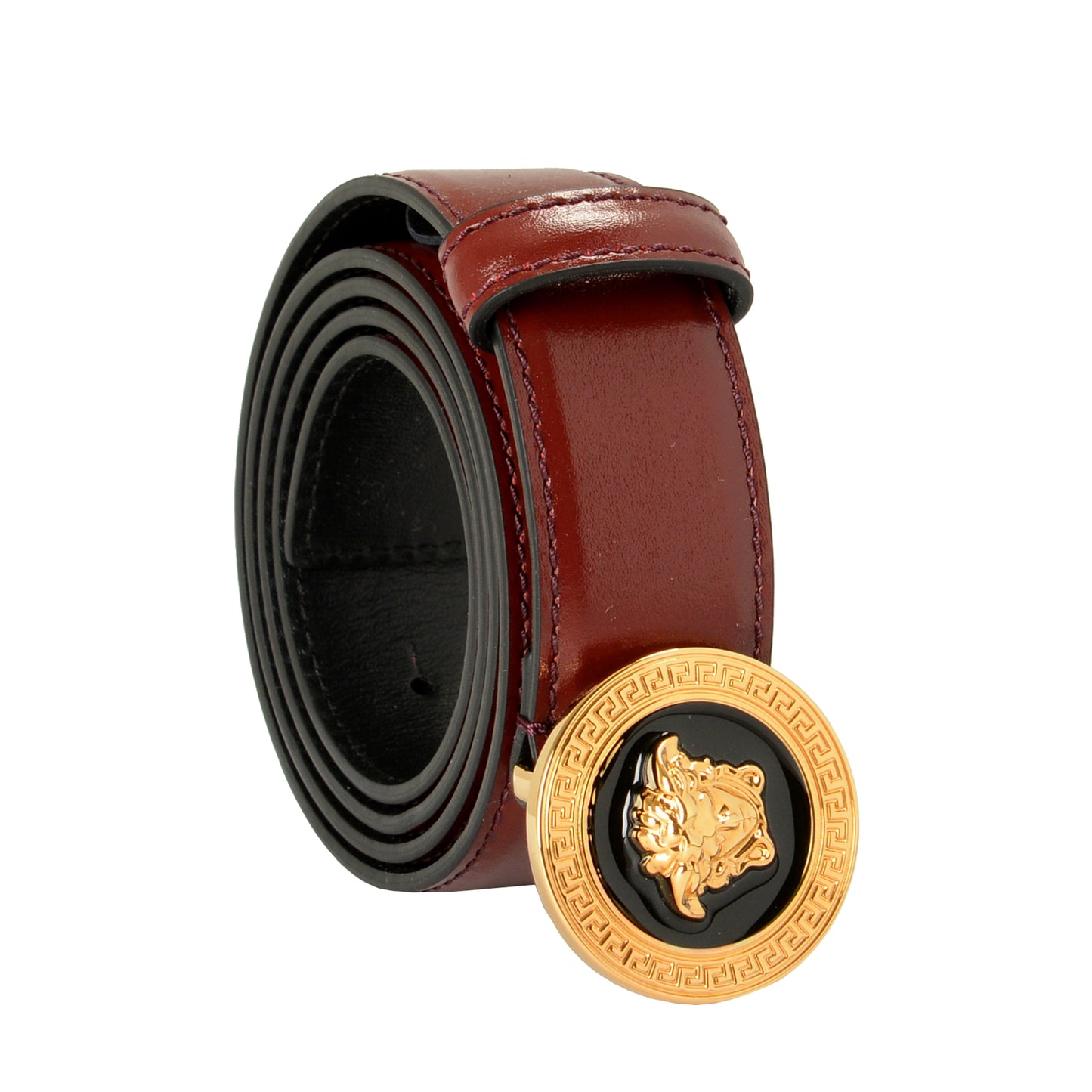 Versace Vine Red 100% Leather Gold Medusa Head Decorated Belt US 34 IT 85