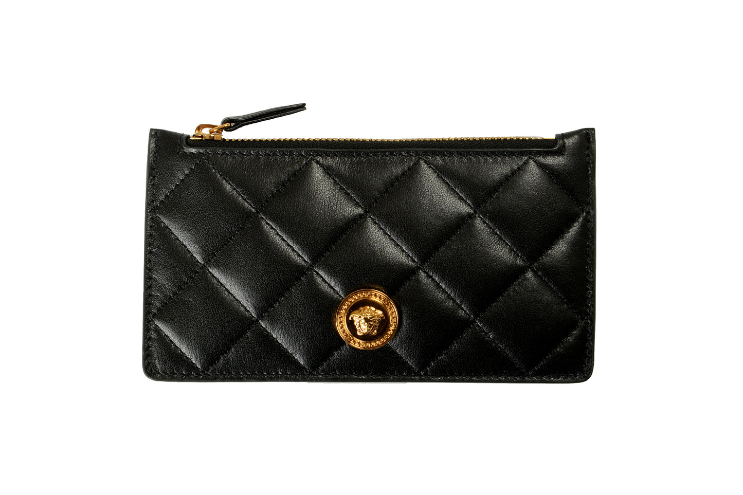 Versace Black Quilted 100% Leather Gold Medusa Head Card Case Wallet