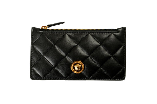 Versace Black Quilted 100% Leather Gold Medusa Head Card Case Wallet