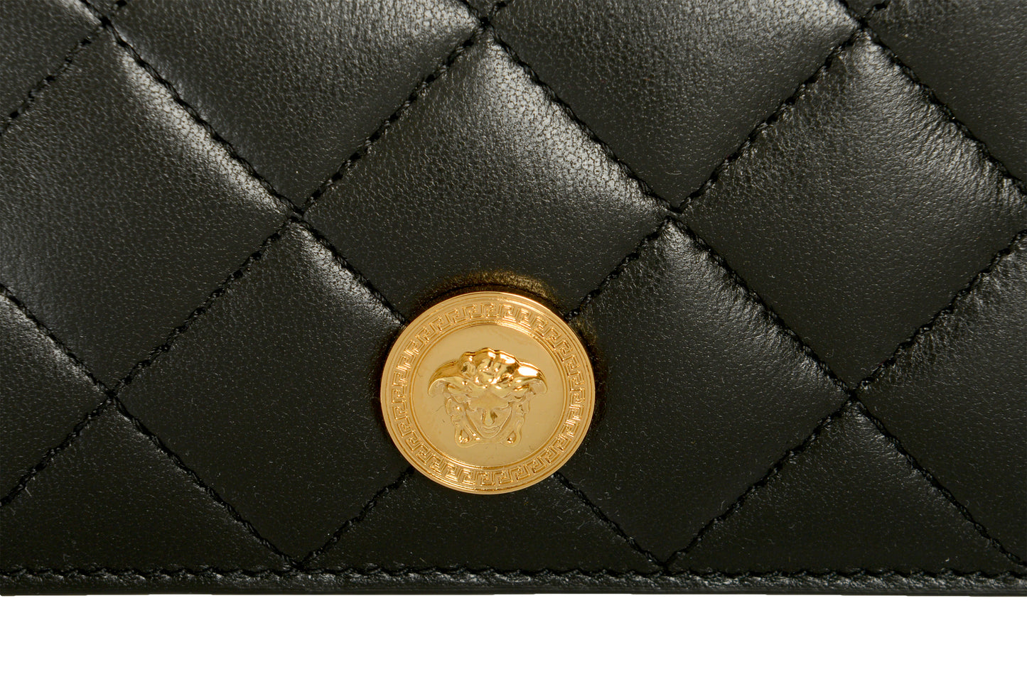 Versace Black Quilted 100% Leather Gold Medusa Head Card Case Wallet