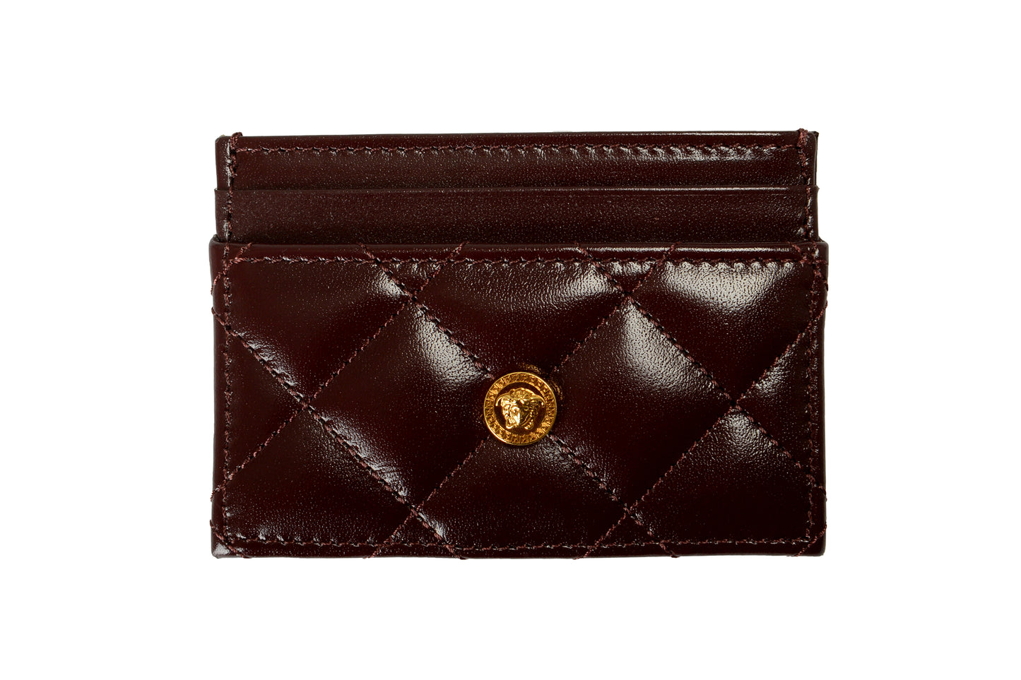 Versace Burgundy 100% Quilted Leather Gold Medusa Card Case Holder