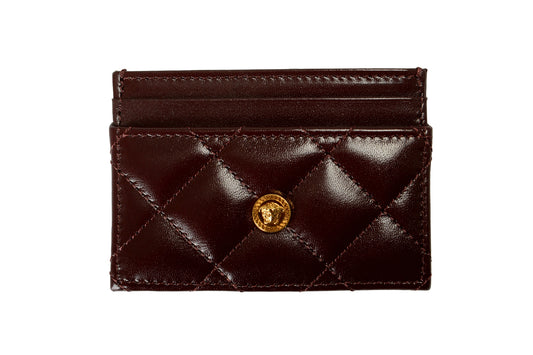 Versace Burgundy 100% Quilted Leather Gold Medusa Card Case Holder