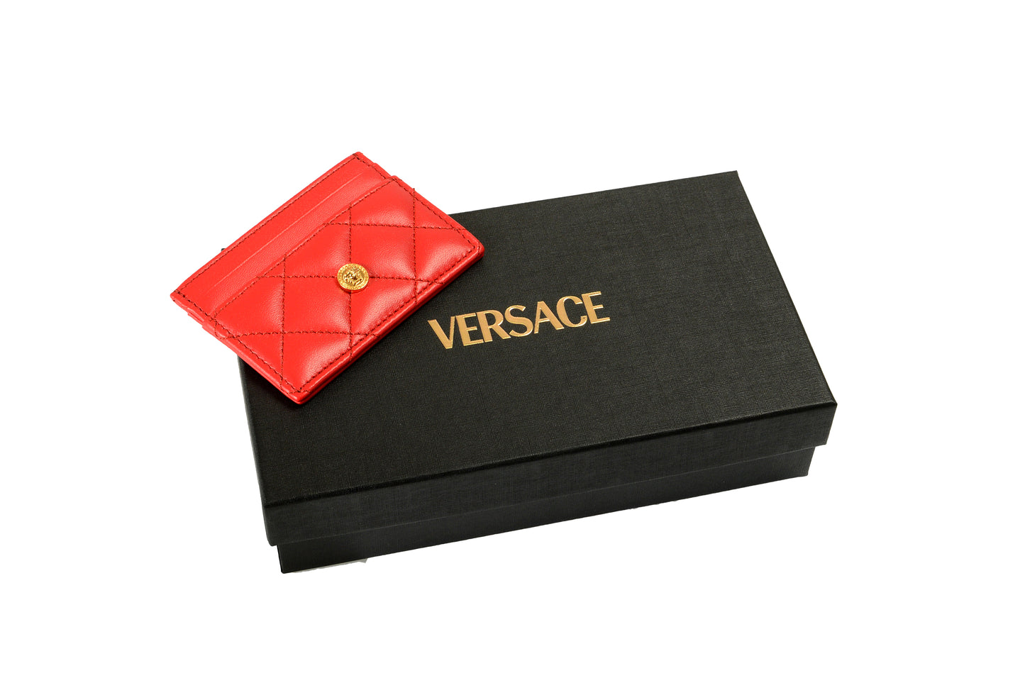 Versace True Red 100% Quilted Leather Gold Medusa Card Case Holder