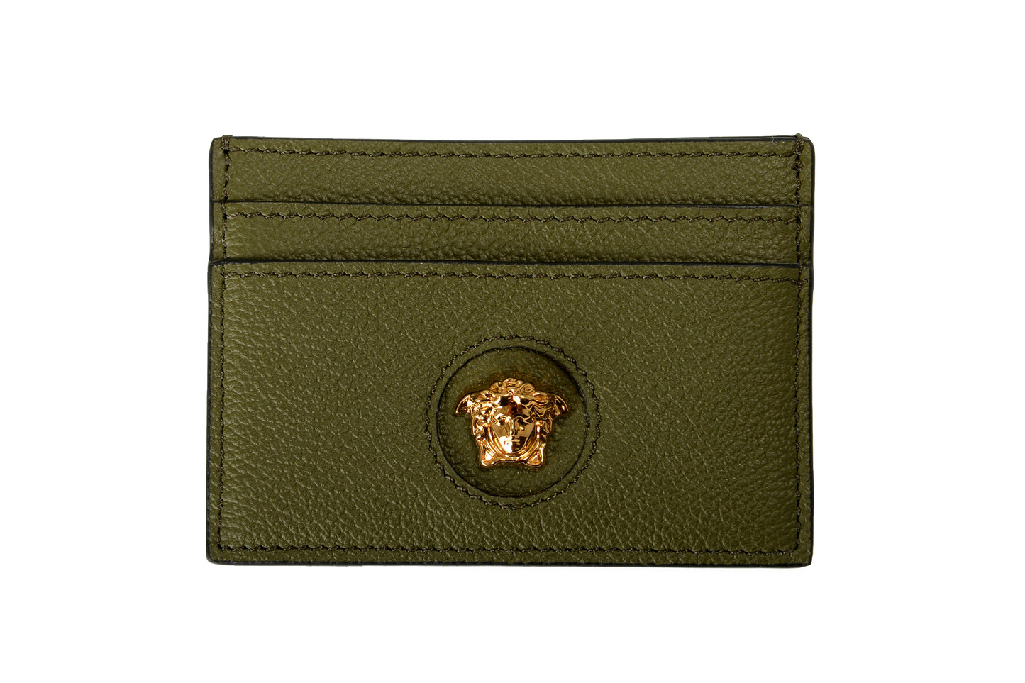 Versace Dark Olive 100% Textured Leather Gold Medusa Card Case Holder