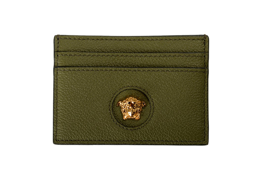 Versace Dark Olive 100% Textured Leather Gold Medusa Card Case Holder