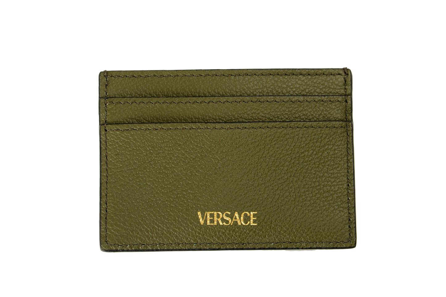 Versace Dark Olive 100% Textured Leather Gold Medusa Card Case Holder