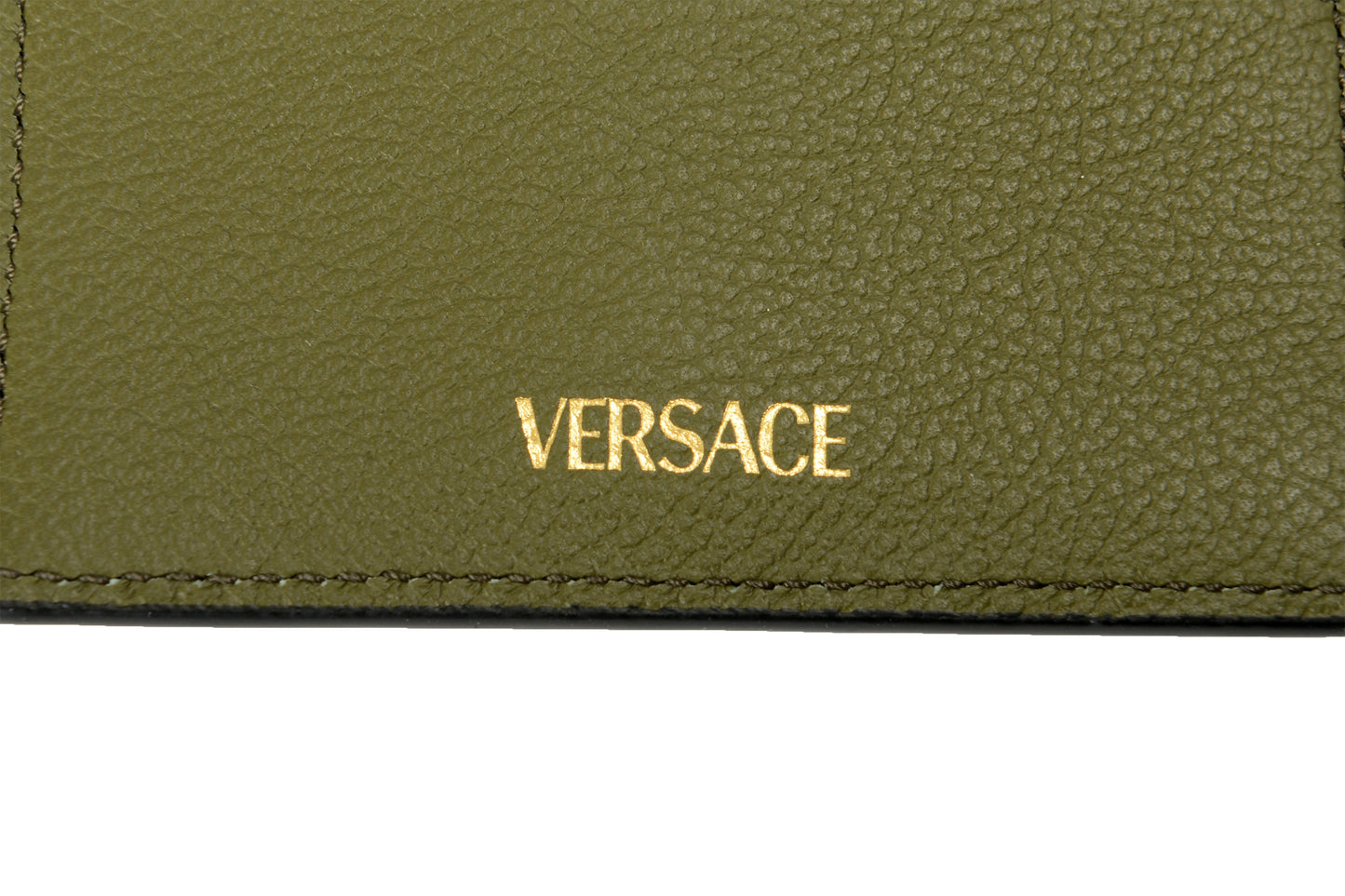 Versace Dark Olive 100% Textured Leather Gold Medusa Card Case Holder