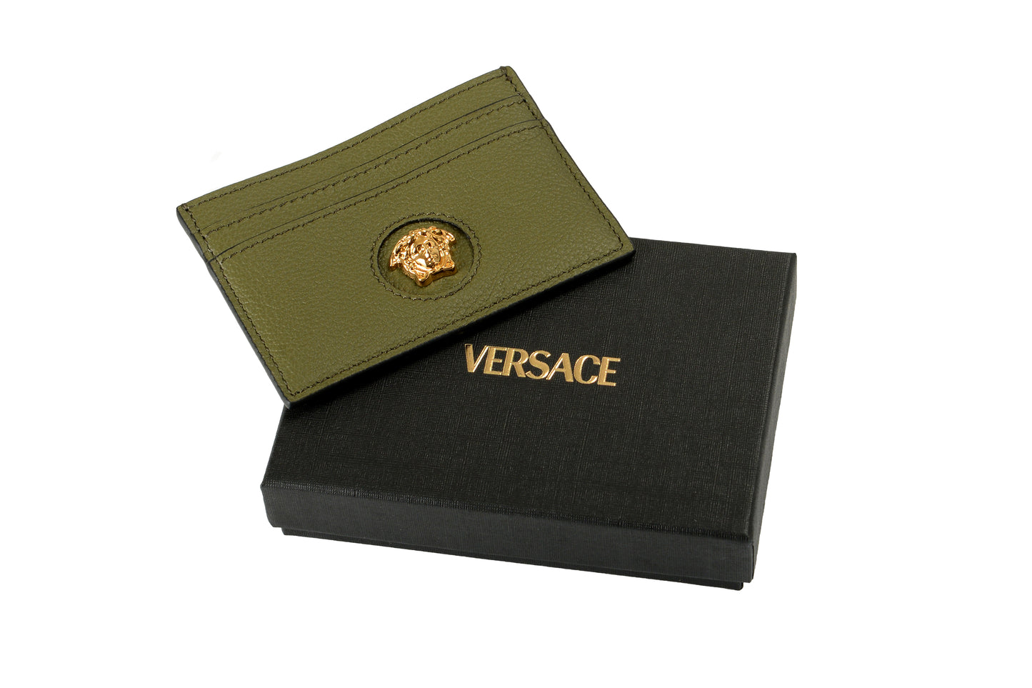Versace Dark Olive 100% Textured Leather Gold Medusa Card Case Holder