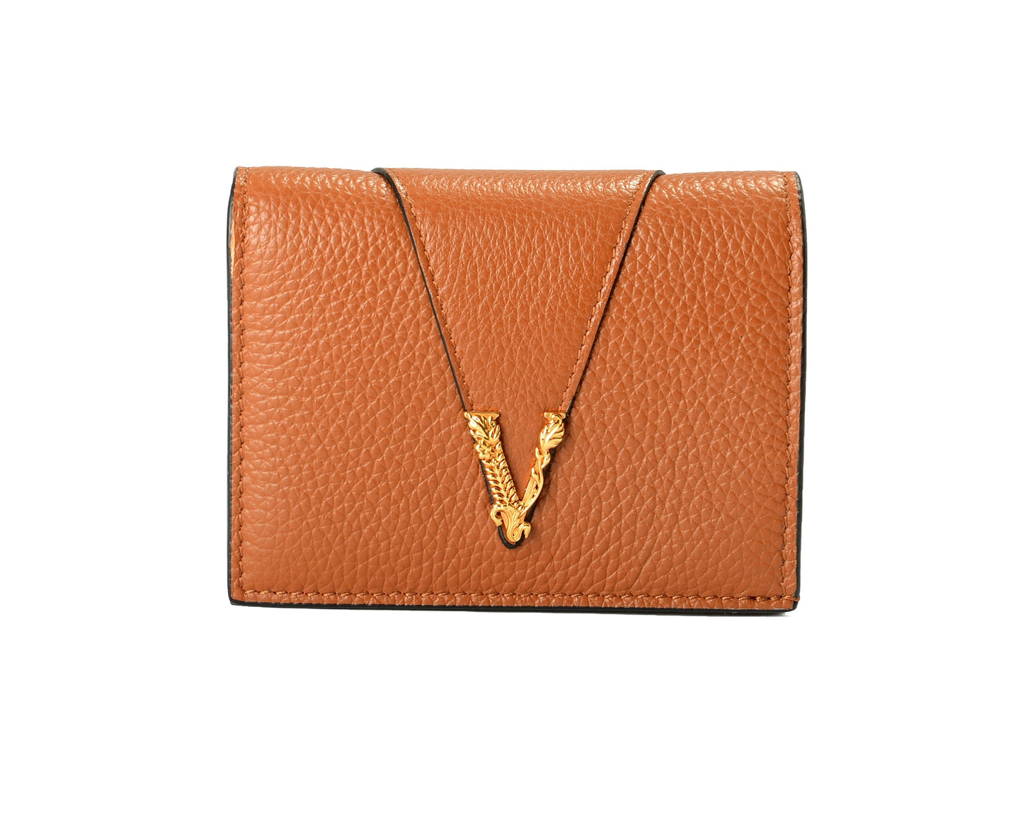 Versace Women's Chestnut Brown 100% Textured Leather Gold V-Logo Compact Wallet