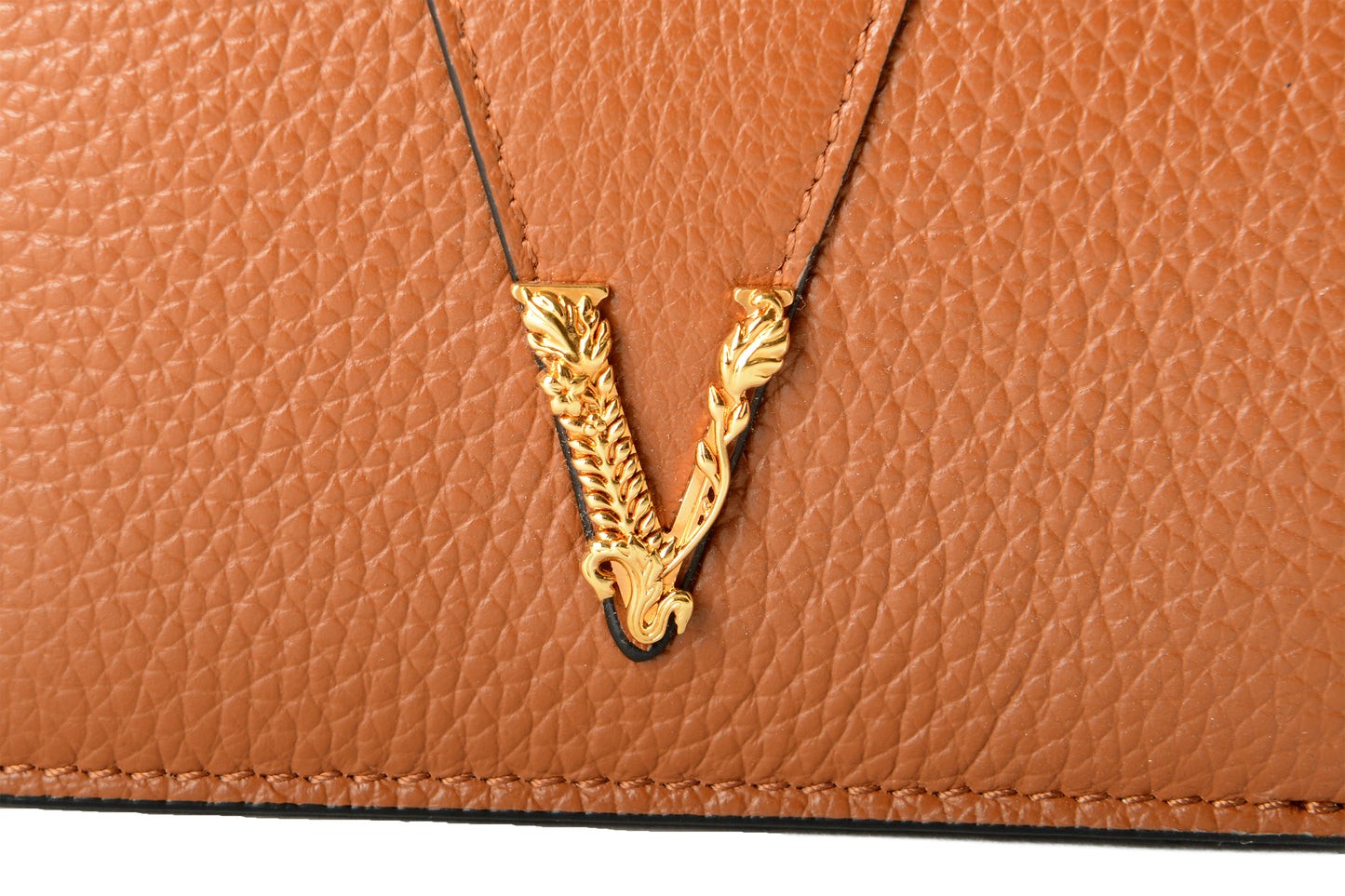 Versace Women's Chestnut Brown 100% Textured Leather Gold V-Logo Compact Wallet