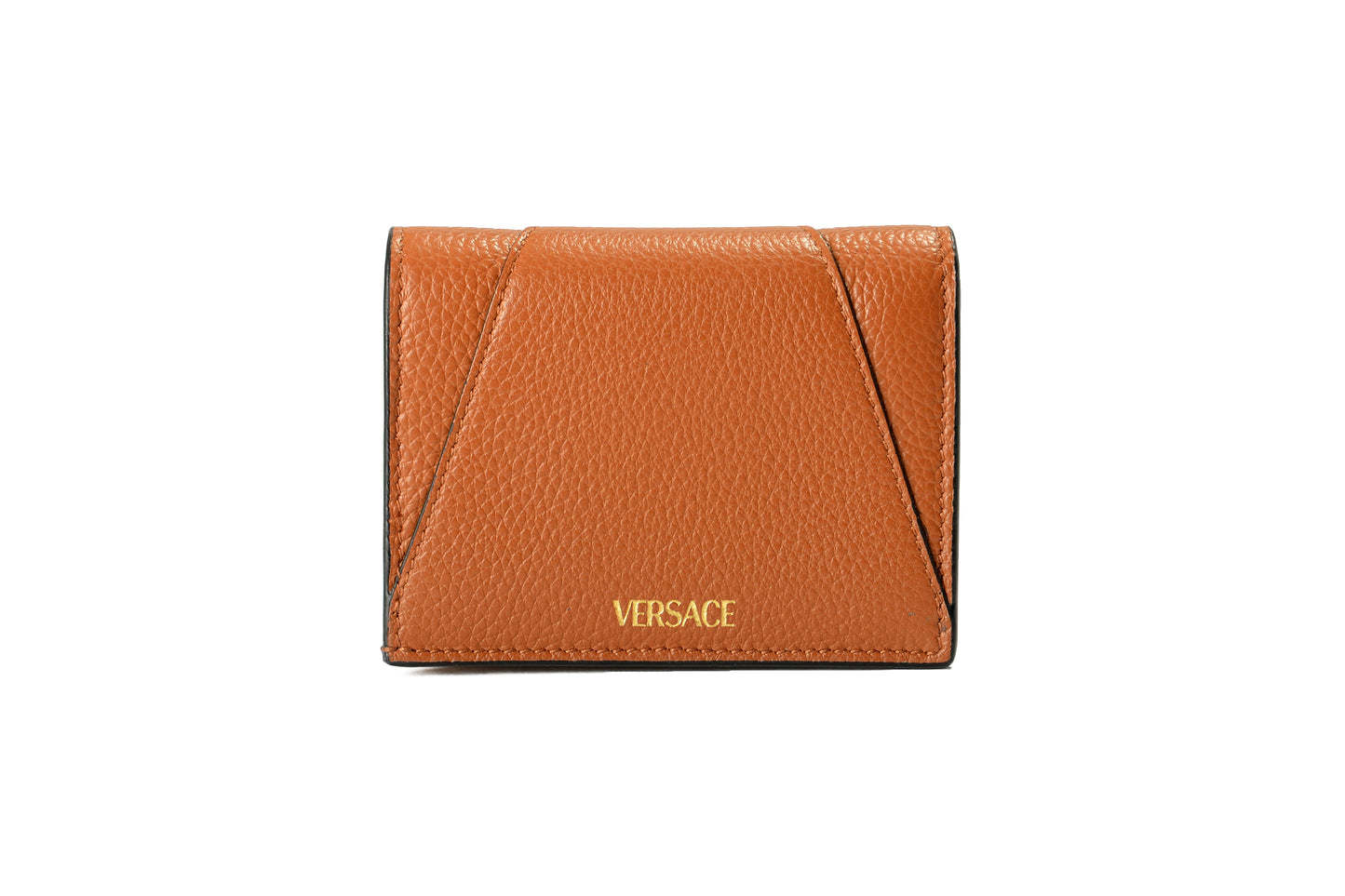 Versace Women's Chestnut Brown 100% Textured Leather Gold V-Logo Compact Wallet