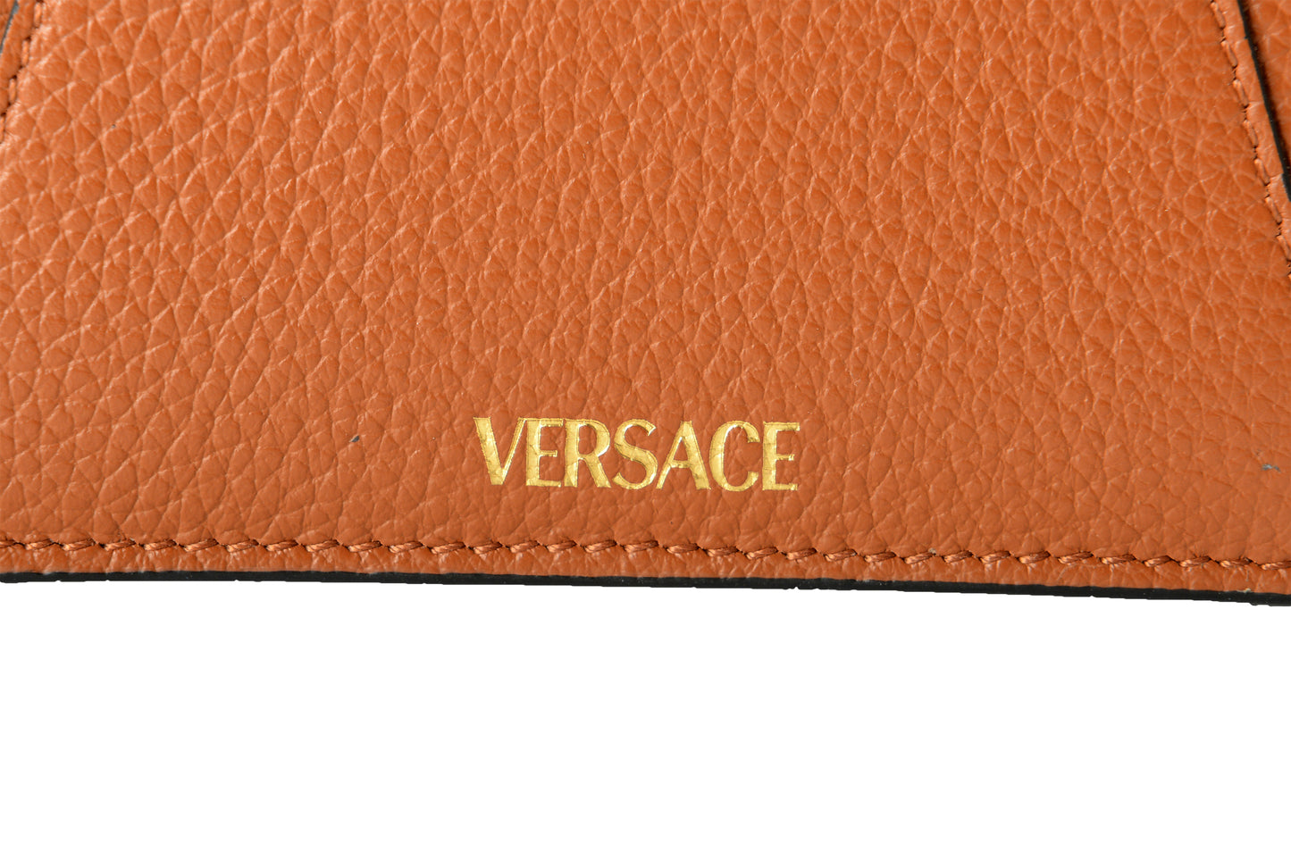 Versace Women's Chestnut Brown 100% Textured Leather Gold V-Logo Compact Wallet