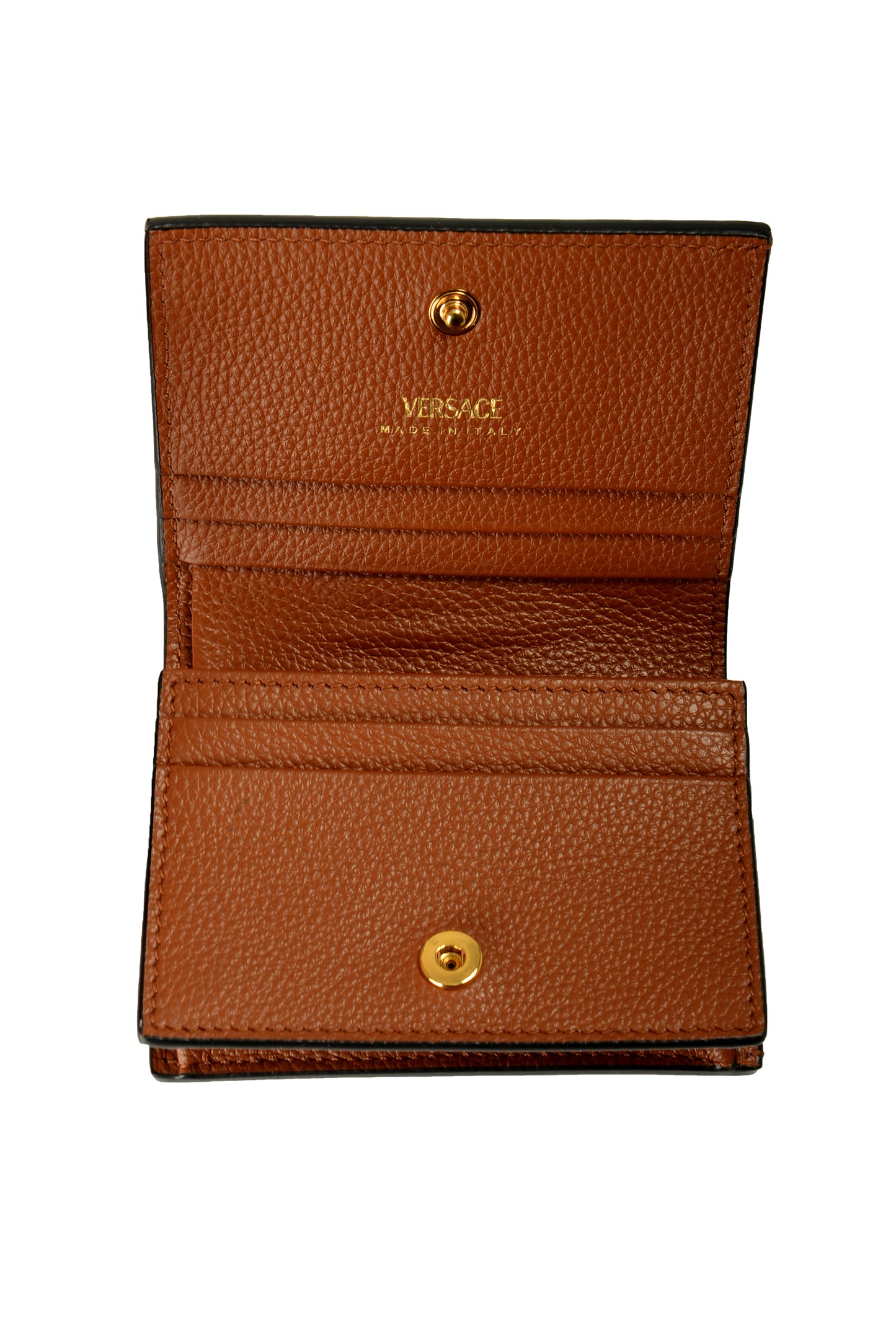 Versace Women's Chestnut Brown 100% Textured Leather Gold V-Logo Compact Wallet