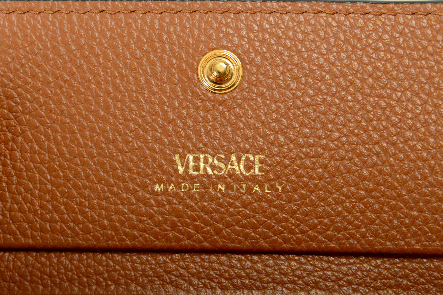 Versace Women's Chestnut Brown 100% Textured Leather Gold V-Logo Compact Wallet