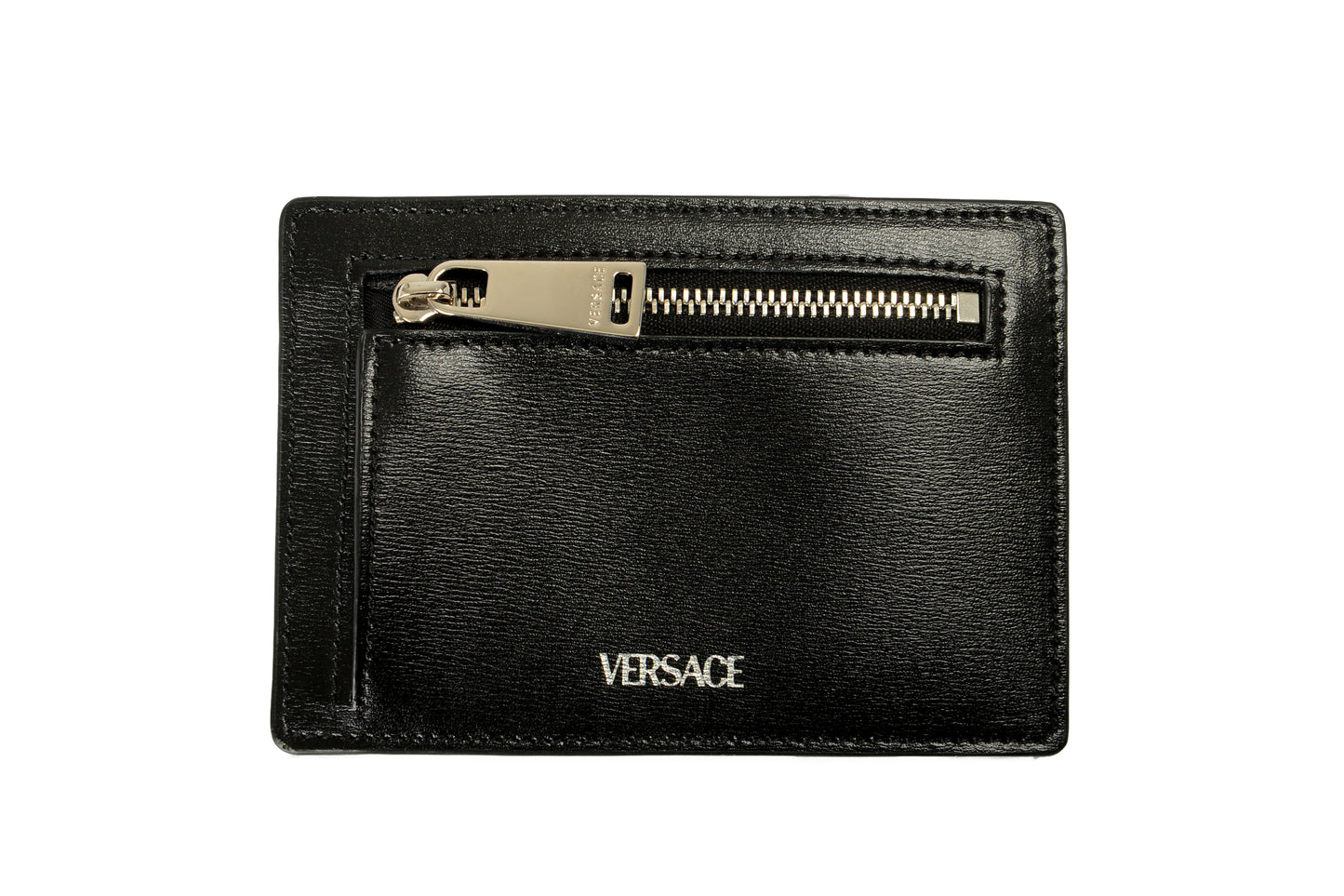 Versace Black 100% Leather Silver Logo Print Card Case Holder