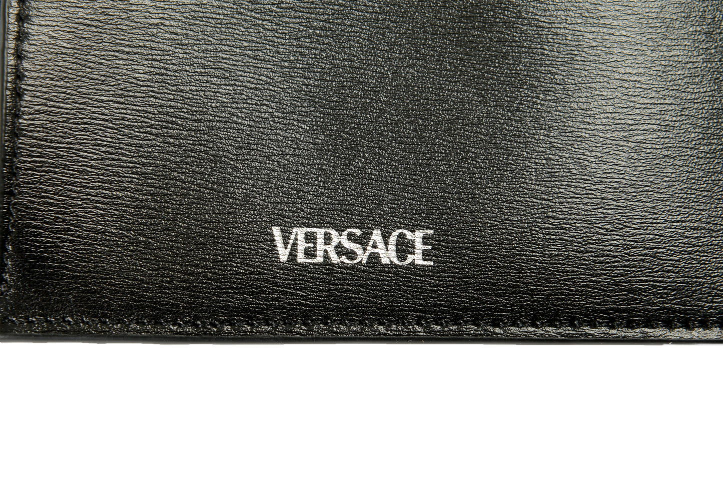 Versace Black 100% Leather Silver Logo Print Card Case Holder