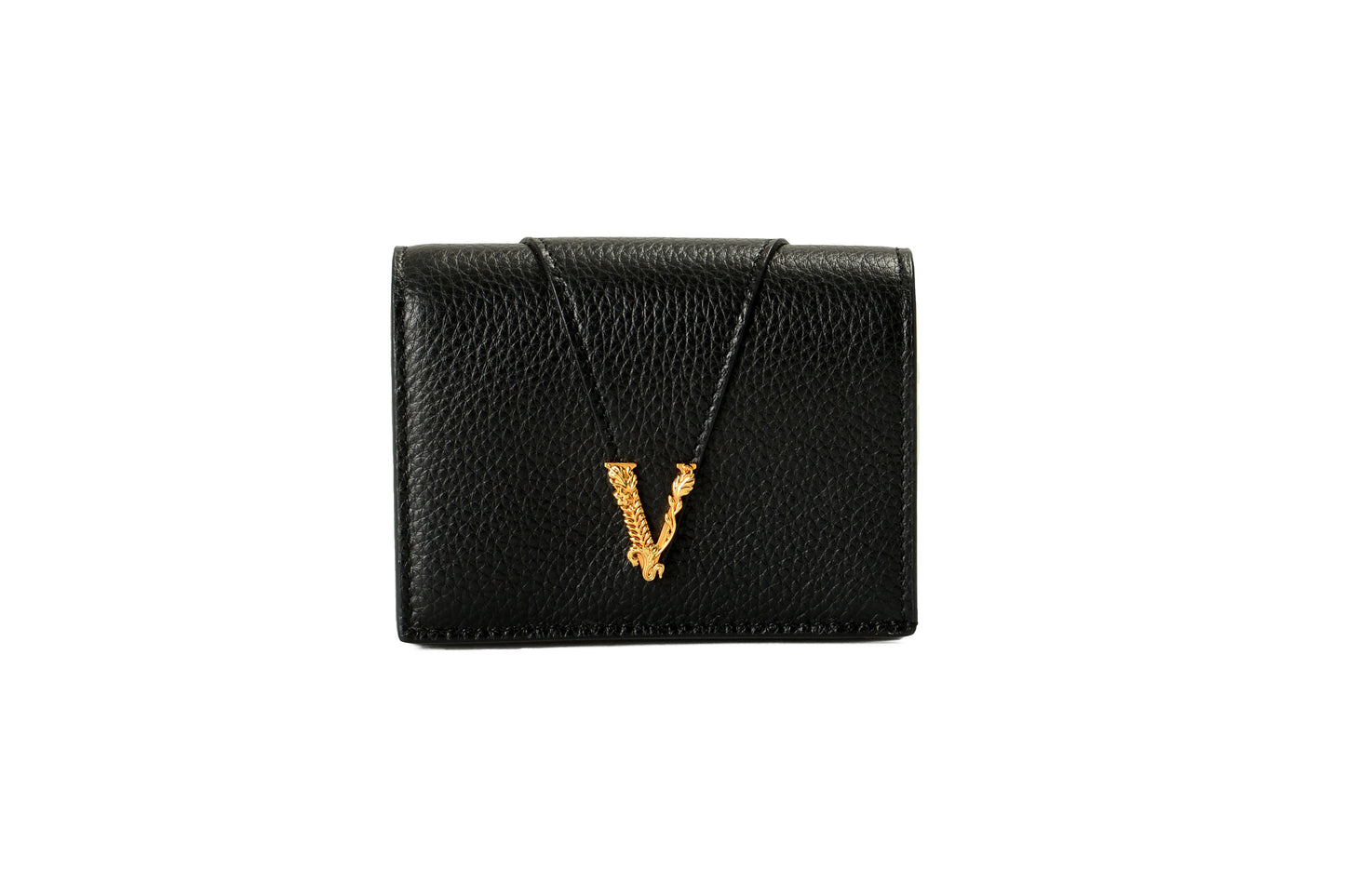 Versace Women's Black 100% Textured Leather Gold V-Logo Compact Wallet