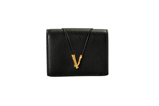 Versace Women's Black 100% Textured Leather Gold V-Logo Compact Wallet