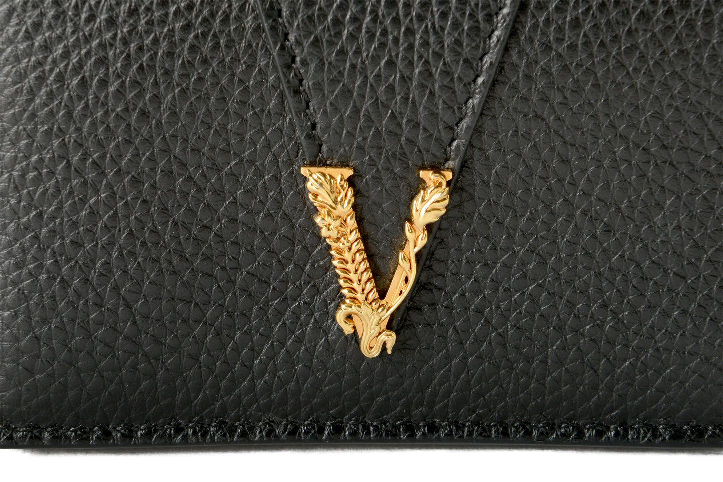 Versace Women's Black 100% Textured Leather Gold V-Logo Compact Wallet