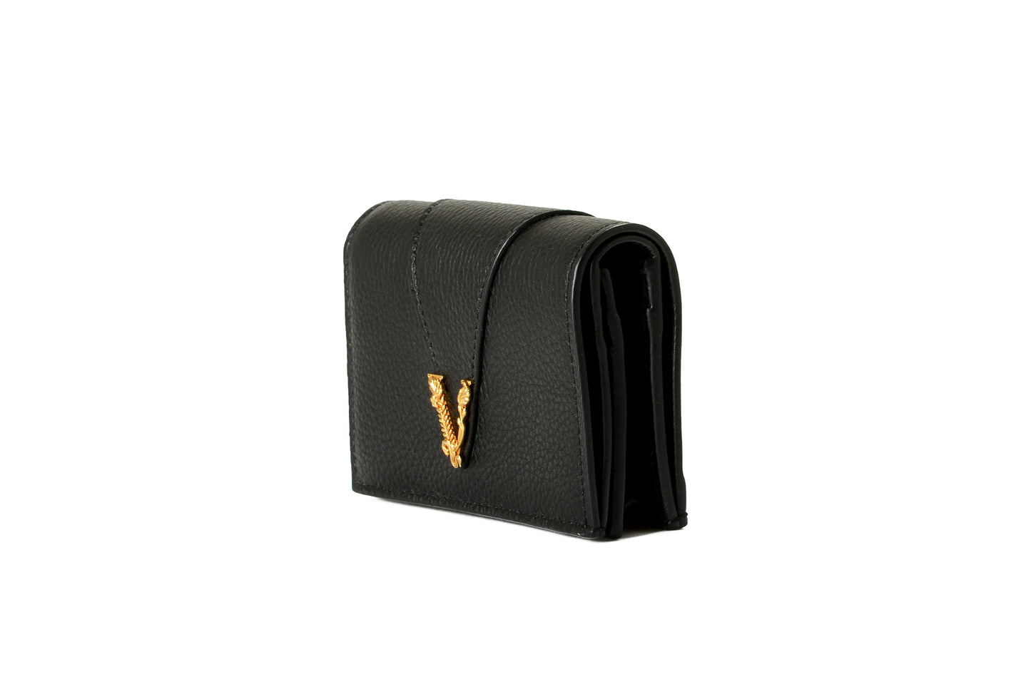 Versace Women's Black 100% Textured Leather Gold V-Logo Compact Wallet